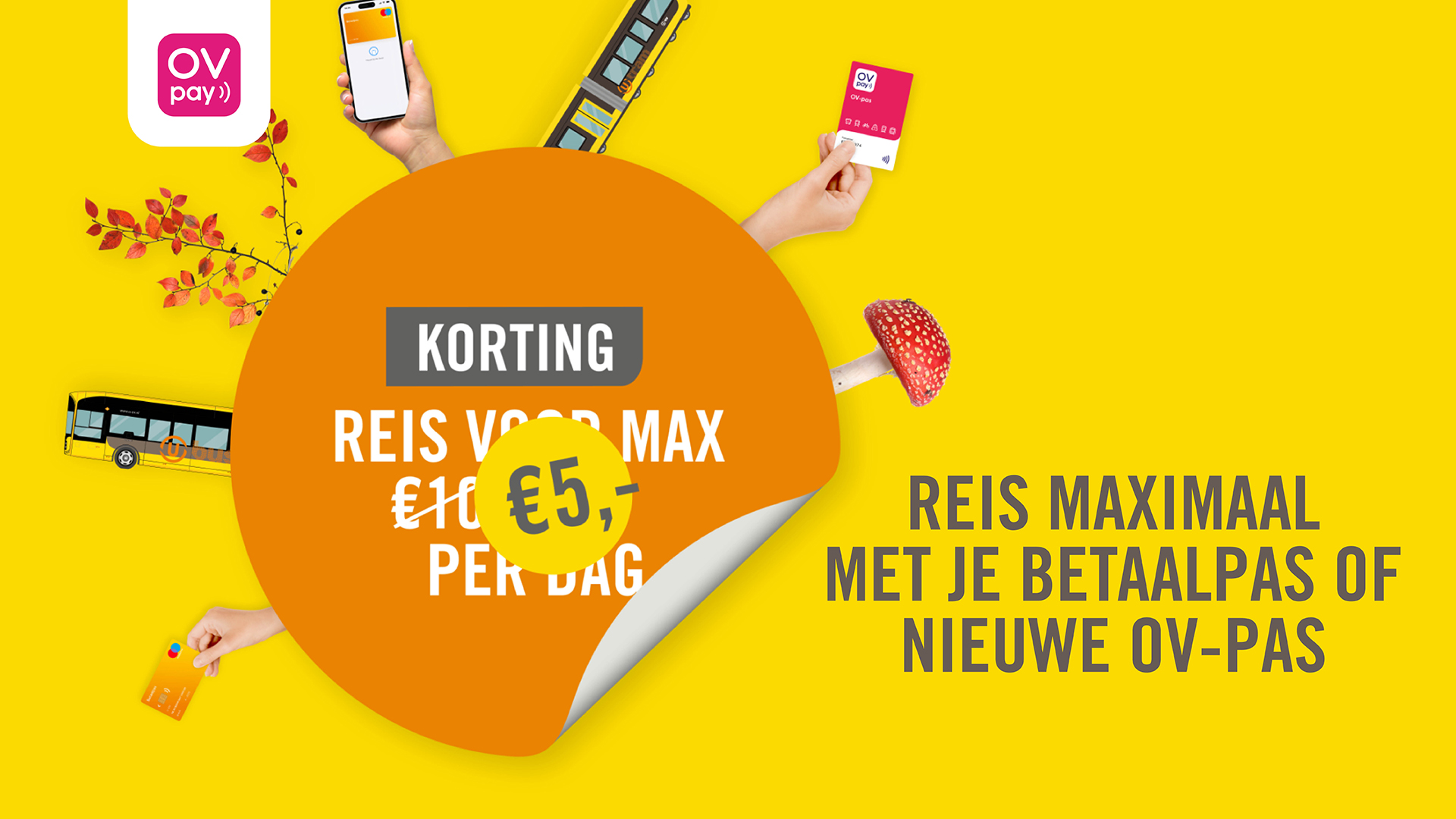 Afbeelding met tekst: reis voor maximaal 5 euro per dag met je betaalpas of OV-pas
